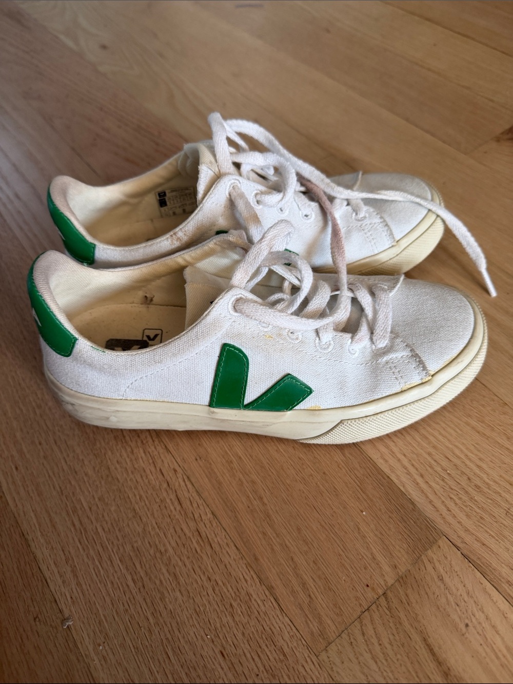 Veja Ladies White Canvas Sneakers with Green V Logo